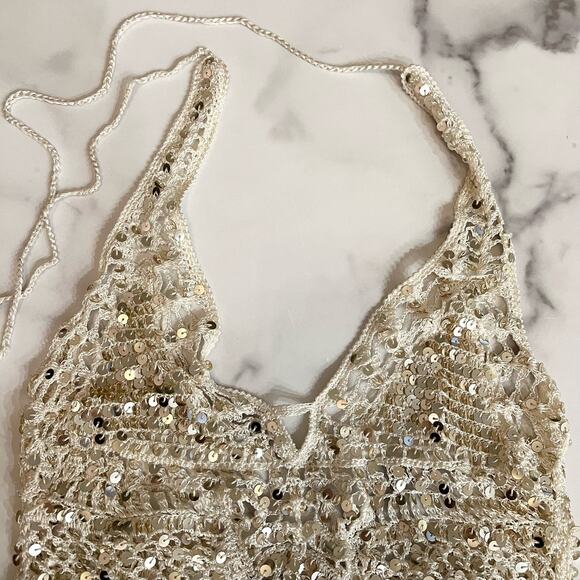 RETROFETE Sequined Crochet Bodysuit Beige Gold Tie Lined Sheer Knit S like new - Picture 2 of 7